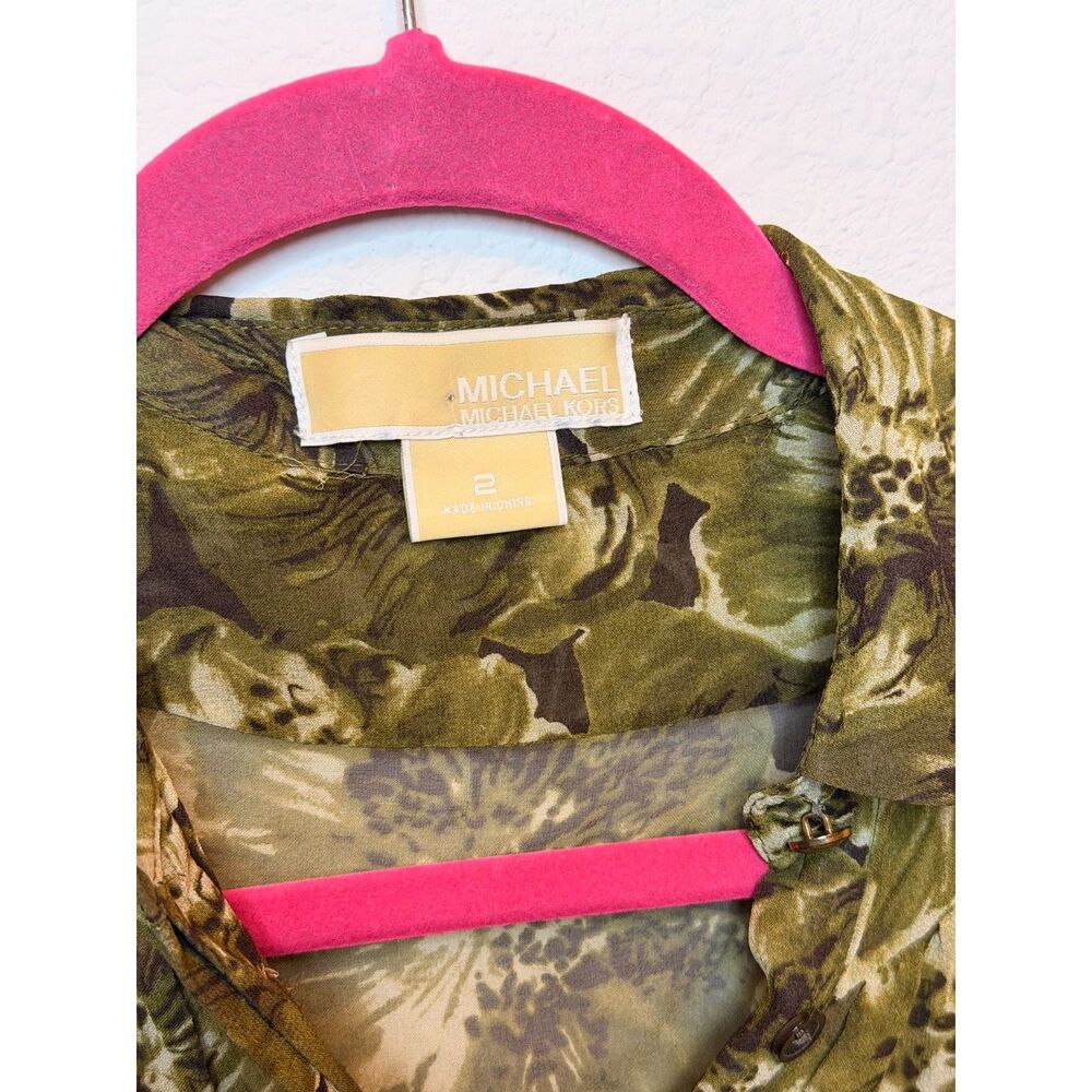 MICHAEL Michael Kors Sheer Floral Blouse Sz 2 Green Button Up Balloon Sleeve Top - Picture 4 of 9